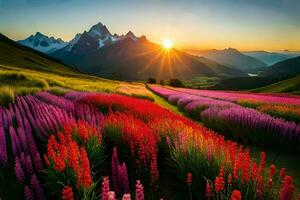 the sun rises over a field of colorful flowers. AI-Generated photo