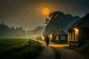 photo wallpaper the moon, road, hut, village, night, the countryside, the moon,. AI-Generated