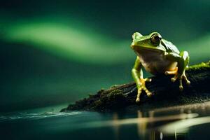 a frog sitting on a branch in the water. AI-Generated photo