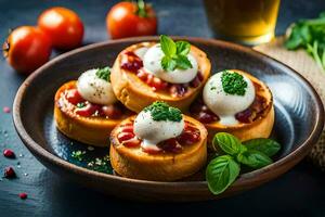 small bread with cheese and tomatoes on a plate. AI-Generated photo