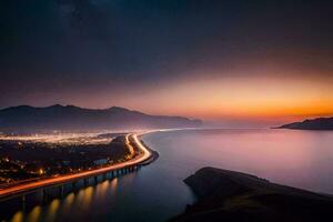 a long exposure photograph of a bridge over the ocean at sunset. AI-Generated photo