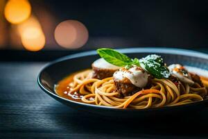 espaguetis con albóndigas y salsa en un negro bol. generado por ai foto