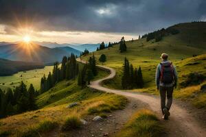 un persona camina en un camino en el montañas. generado por ai foto