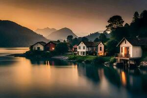 casas en el apuntalar de un lago a puesta de sol. generado por ai foto