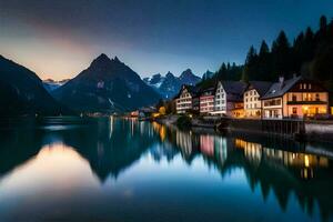 un pueblo es reflejado en el agua a oscuridad. generado por ai foto