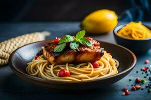 grilled salmon with spaghetti and lemon on a dark table. AI-Generated photo