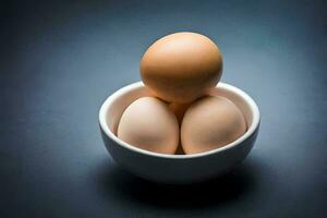 three eggs in a bowl on a dark background. AI-Generated photo