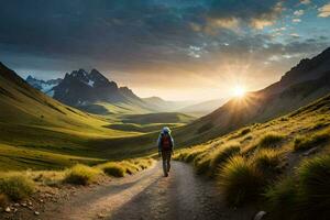 un persona caminando en un camino en el montañas. generado por ai foto