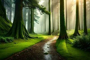 un camino mediante un verde bosque con arboles y césped. generado por ai foto