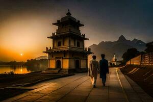 dos personas caminando hacia un templo a puesta de sol. generado por ai foto