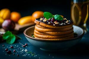 stack of pancakes with chocolate sauce and berries. AI-Generated photo