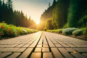 un ladrillo camino en el medio de un campo con flores generado por ai foto