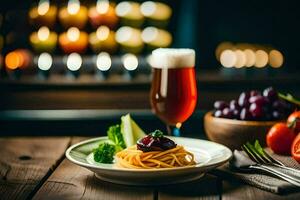 a plate with pasta, vegetables and a beer. AI-Generated photo