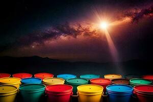 colorful buckets with stars in the sky. AI-Generated photo