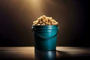 a bucket filled with peanuts on a table. AI-Generated photo