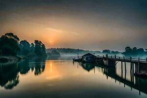 un puente terminado un río a amanecer. generado por ai foto