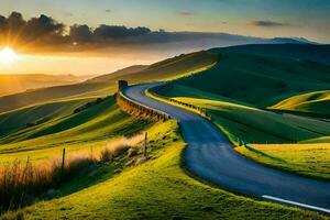 el la carretera a el puesta de sol. generado por ai foto