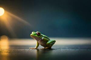 a frog sitting on the ground in front of a bright light. AI-Generated photo