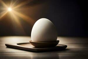an egg on a wooden tray with a light shining in the background. AI-Generated photo