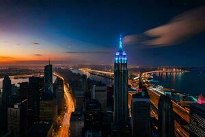 el imperio estado edificio es iluminado arriba a noche. generado por ai foto