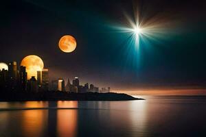 the moon is reflected in the water as it rises over a city. AI-Generated photo