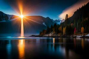 photo wallpaper the sky, mountains, lake, trees, light, the sun, the light,. AI-Generated