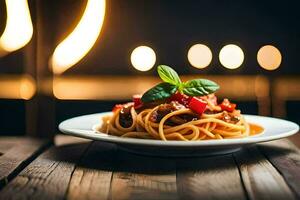 spaghetti with tomato and basil on a plate. AI-Generated photo