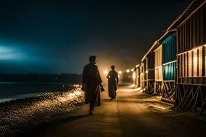 dos monjes caminar a lo largo un camino a noche. generado por ai foto