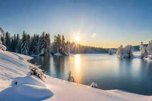 photo wallpaper the sky, snow, trees, lake, sun, winter, the winter, the. AI-Generated