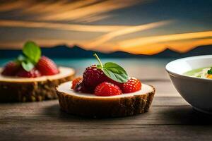 two small desserts with strawberries and cream on a table. AI-Generated photo
