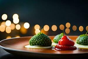 Tres pequeño verde Fruta en un plato con un vela. generado por ai foto