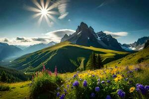 the sun shines over the mountains and flowers in the foreground. AI-Generated photo