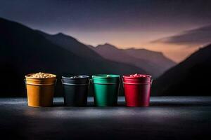 four colorful cups with mountains in the background. AI-Generated photo