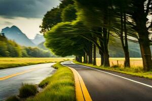 un largo la carretera con arboles y césped en el antecedentes. generado por ai foto