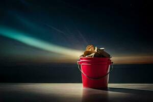 a bucket of coins sitting on a table in front of a night sky. AI-Generated photo