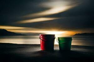 two buckets sit on the beach at sunset. AI-Generated photo