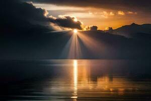 sunbeams shine through the clouds over a lake. AI-Generated photo