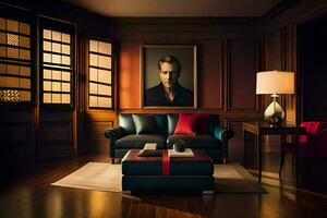 a living room with a painting on the wall. AI-Generated photo