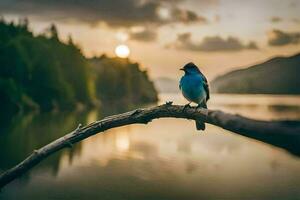 a blue bird sits on a branch near a lake. AI-Generated photo