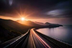 a long exposure photo of a road with the sun setting over the ocean. AI-Generated