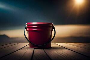 a red bucket on a wooden table with a sunset in the background. AI-Generated photo