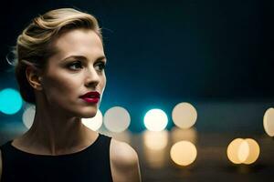 a beautiful blonde woman with red lipstick and a black dress. AI-Generated photo