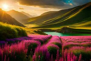 the sun rises over the lavender fields in the mountains. AI-Generated photo