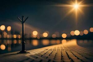 a street lamp is on the dock at night. AI-Generated photo