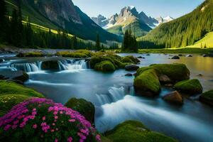 the mountains are surrounded by green grass and flowers. AI-Generated photo