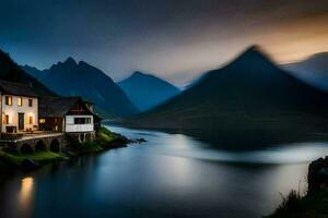 a house sits on the edge of a lake at dusk. AI-Generated photo