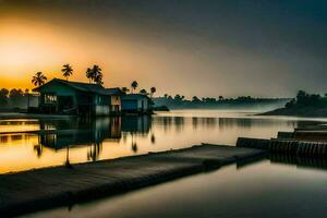 a boat dock at sunset with palm trees and houses. AI-Generated photo