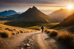 a man walks on a dirt road in the mountains. AI-Generated photo