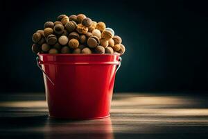 a bucket filled with nuts on a table. AI-Generated photo