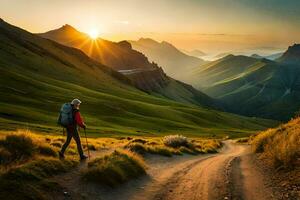 a man with a backpack walking on a dirt road in the mountains. AI-Generated photo